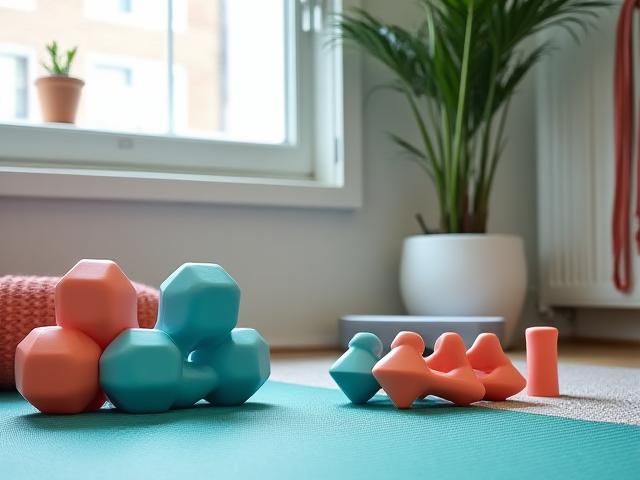 Compact home gym setup featuring dumbbells and jump ropes