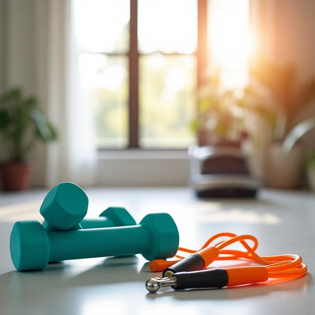 Variety of colorful fitness equipment including light dumbbells and jump ropes