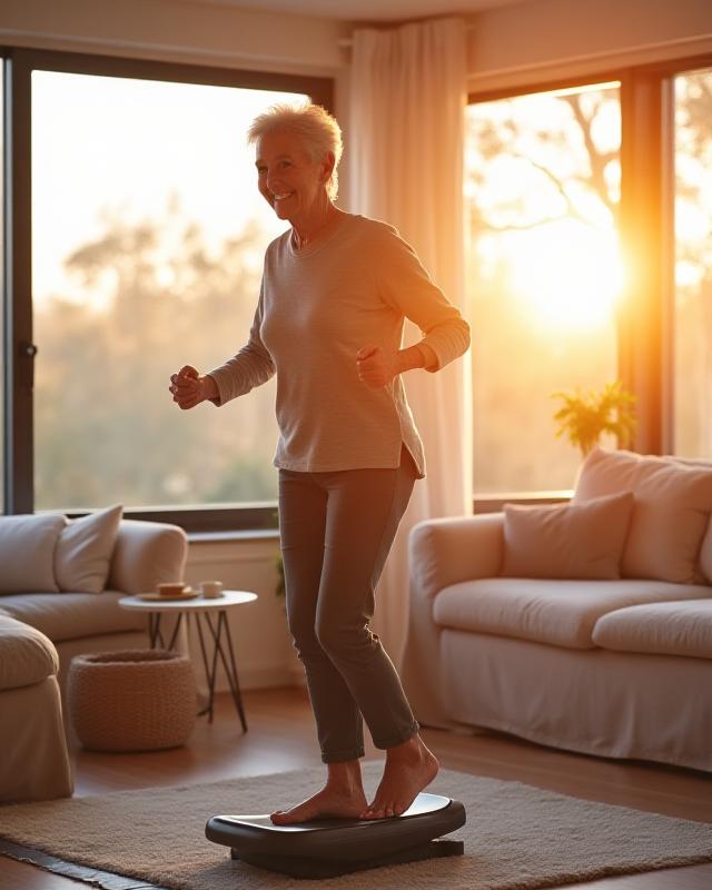 Active senior adult in a bright West Melbourne living room using a compact mini-stepper for low-impact exercise